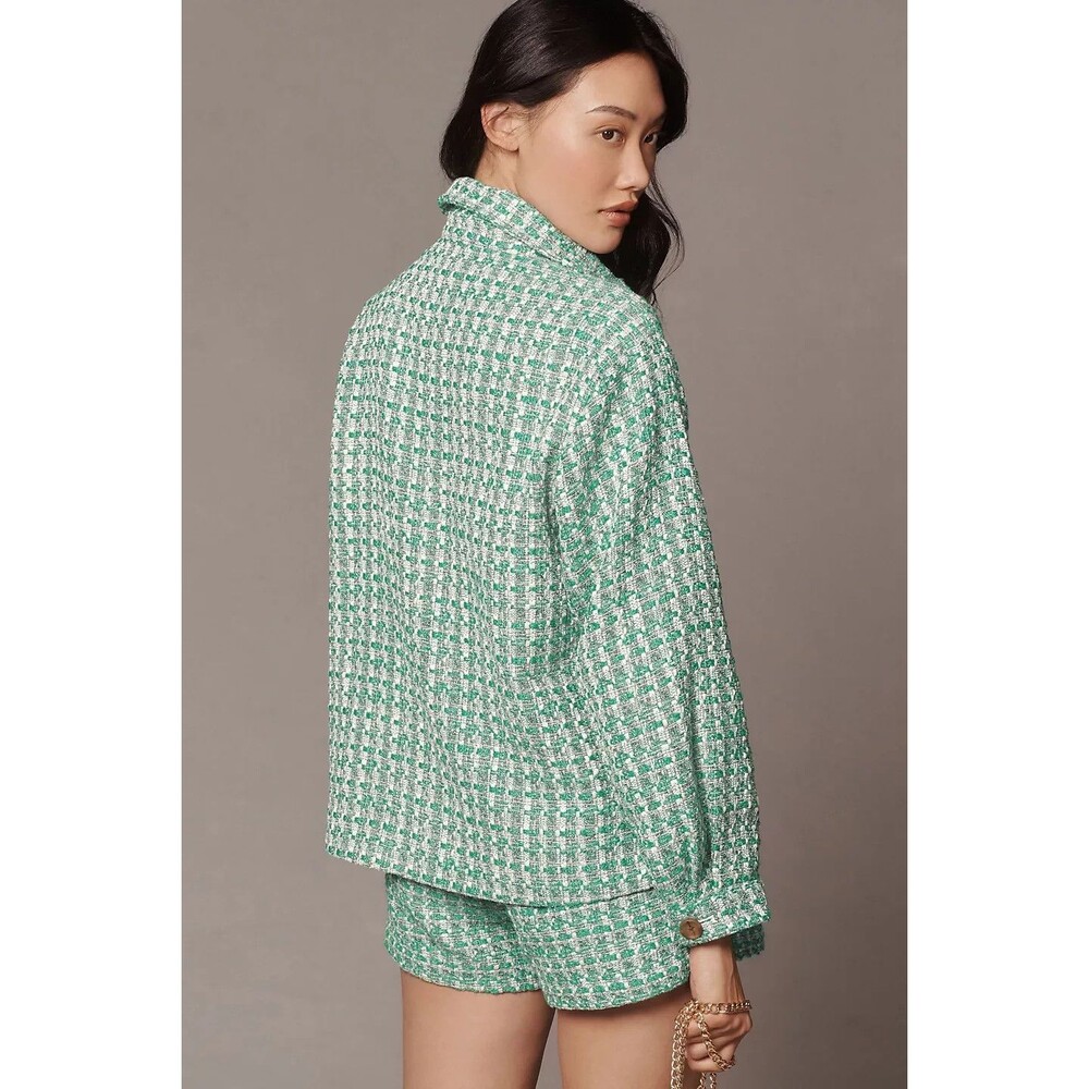 Anthropologie Maeve Plaid Tweed Relaxed Shacket Shirt Jacket Preppy Green LP - Picture 2 of 8